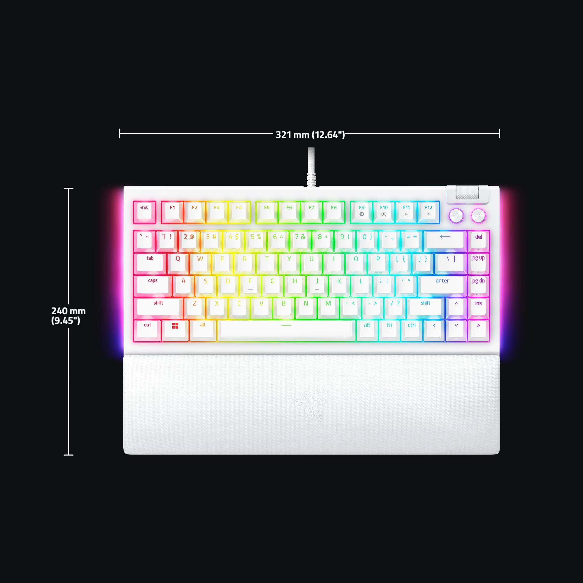 The image features a white keyboard with a rainbow design. The keyboard is a 321 mm (12.64") keyboard, and it has a 240 mm (9.45") footprint. The keys are labeled with letters and numbers, including F1, F2, F3, F4, F5, F6, F7, F8, F9, F10, F11, F12, and the arrow keys. The keyboard also has a numeric keypad and a function key row.