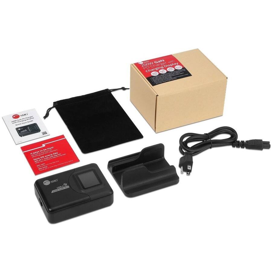 Sure, here is the corrected and grouped text from the image:

**Box:**
- 200W GaN Charger with 200W Charger Display
- Charge Display
- 100W USB-C
- 100W USB-A
- 100W USB-A
- 100W USB-C
- 100W USB-A
- 100W USB-C
- 100W USB-A

**Card:**
- It pays to be loyal
- Save every day
- Save every day
- Save every day
- Save every day

**Manual:**
- SIK
- User Manual
- Quick Start Guide

**Charger:**
- SIK
- USB-C PD 200W
- GaN Charger

**Other Text:**
- SIK
- 25L
- NE
- bival
- pays day
- EVSTY
- Save SEMT Fa usC