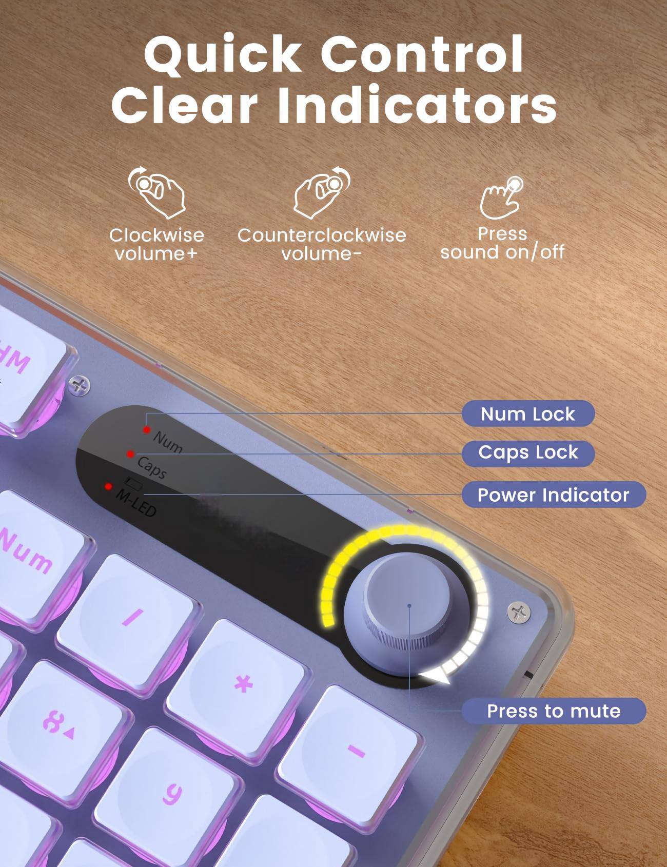 Quick Control Clear Indicators

Clockwise volume+
Counterclockwise volume-
Press sound on/off

Num Lock
Caps Lock
Power Indicator

Press to mute