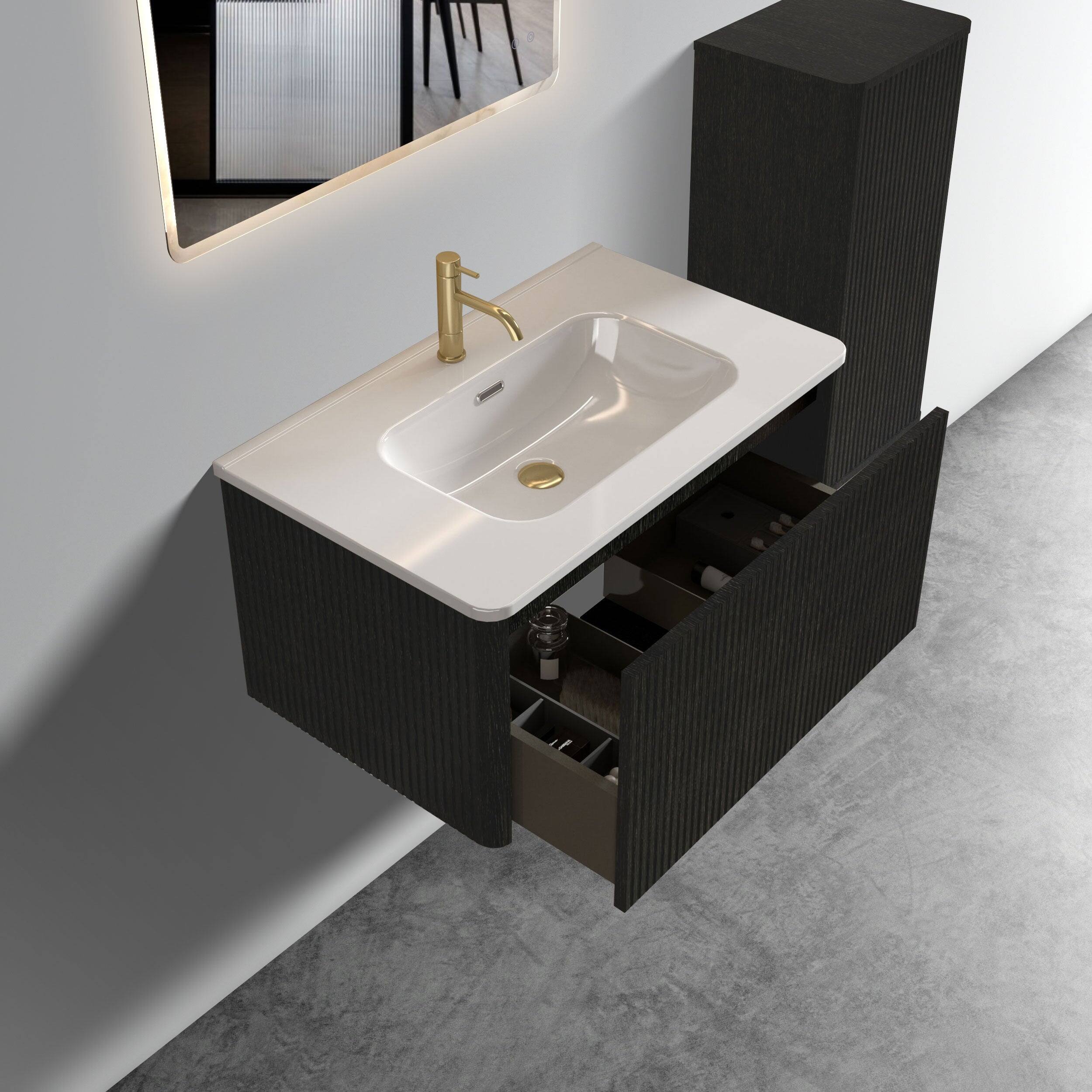 Alt View 2. Boyel Living - 30 Inch Striped Brushed Black Oak Floating Bathroom Vanity with White Ceramic Sink, One-Piece Basin, Pre-Assembled - Black.