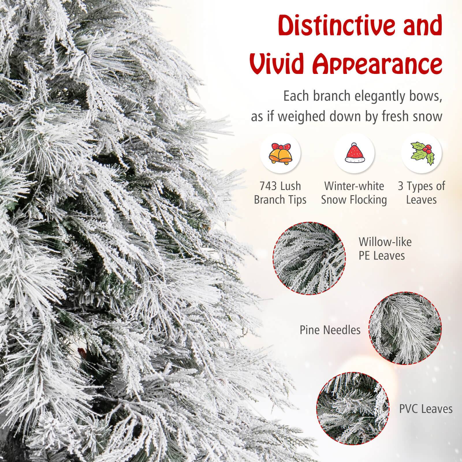 Distinctive and Vivid Appearance: Each branch elegantly bows, as if weighed down by fresh snow.

743 Lush Winter-white: 3 Types of Branch Tips: Snow Flocking Leaves, Willow-like PE Leaves, Pine Needles, PVC Leaves.