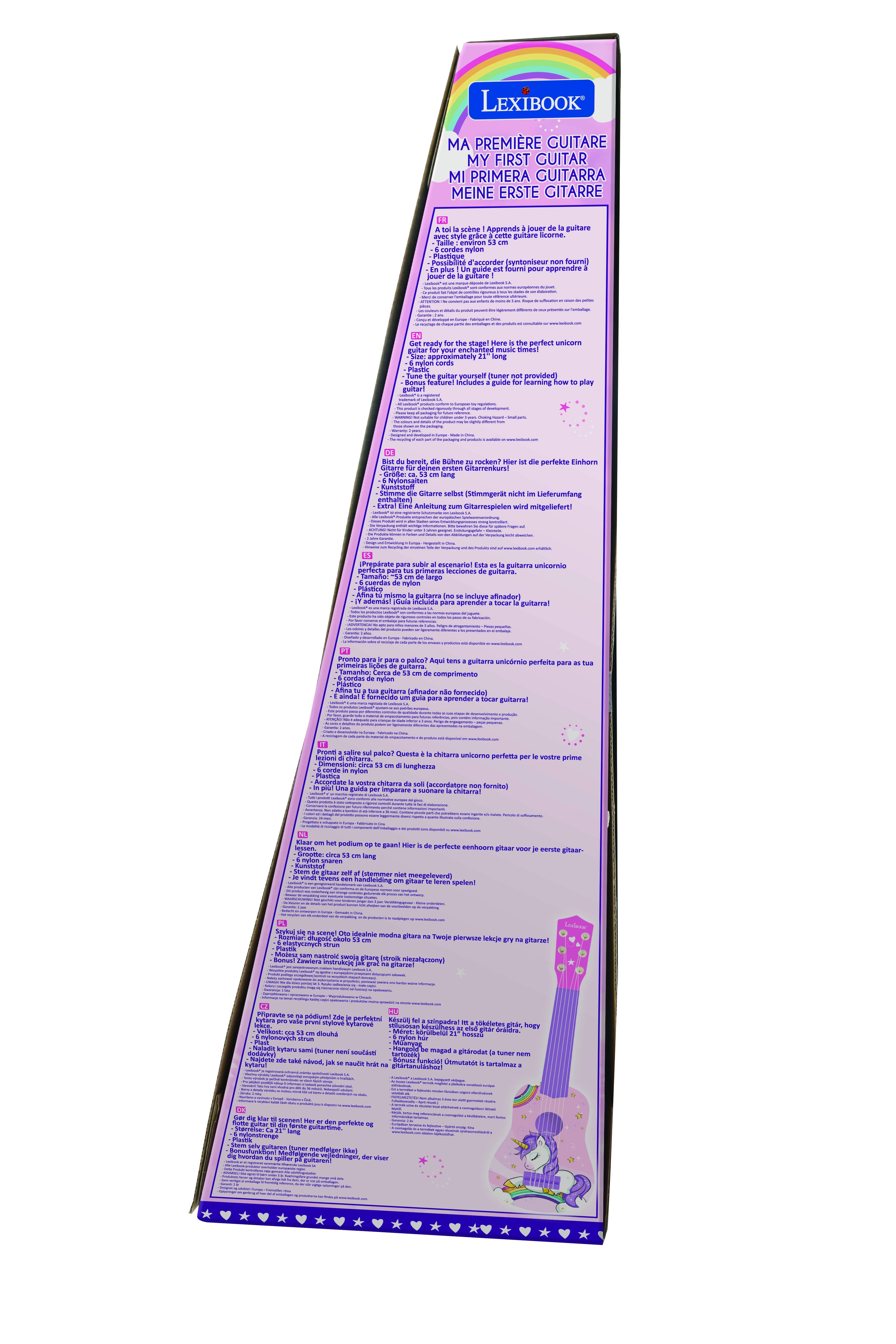 LEXIBOOK  
MA PREMIÈRE GUITARE  
MY FIRST GUITAR  
MI PRIMERA GUITARRA  
MEINE ERSTE GITARRE  

Apprends à jouer de la guitare grâce à cette guitare lumi­nouse.  
Environ 33 cm.  
Plaque d'accordage (système non fourni)  
Un guide est fourni pour apprendre à jouer de la guitare.  
Stage!  
Perfect unicorn guitar!  
Includes a guide for learning how to play the guitar.  
Tuner provided.  
Includes a guide for learning how to play the guitar.  
Perfect unicorn guitar!  
Includes a guide for learning how to play the guitar.  
Perfect unicorn guitar!  
Includes a guide for learning how to play the guitar.  
Perfect unicorn guitar!  
Includes a guide for learning how to play the guitar.  
Perfect unicorn guitar!  
Includes a guide for learning how to play the guitar.  
Perfect unicorn guitar!  
Includes a guide for learning how to play the guitar.  
Perfect unicorn guitar!  
Includes a guide for learning how to play the guitar.  
Perfect unicorn guitar!  
Includes a guide for learning how to play the guitar.  
Perfect unicorn guitar!