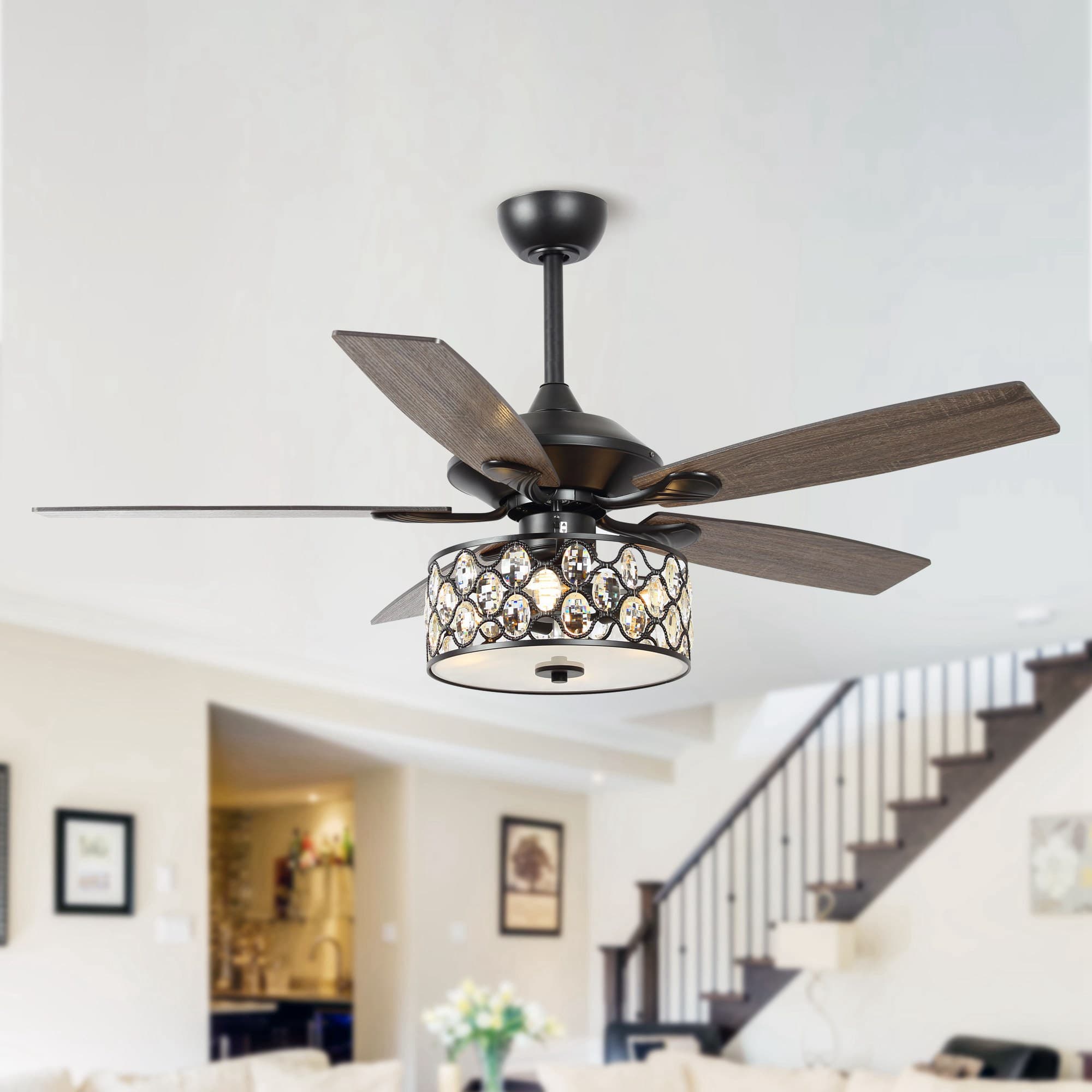 Parrot Uncle - 52" Modern Silver 5-Blade Crystal Ceiling Fan with Remote Control - Black