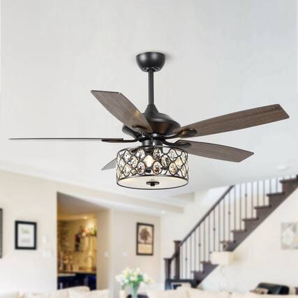 Front. Parrot Uncle - 52" Modern Silver 5-Blade Crystal Ceiling Fan with Remote Control - Black.