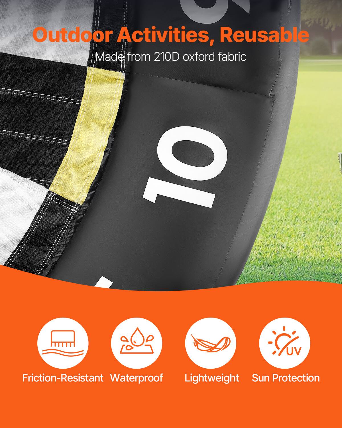 Outdoor Activities, Reusable  
Made from 210D oxford fabric  

Friction-Resistant  
Waterproof  
Lightweight  
Sun Protection