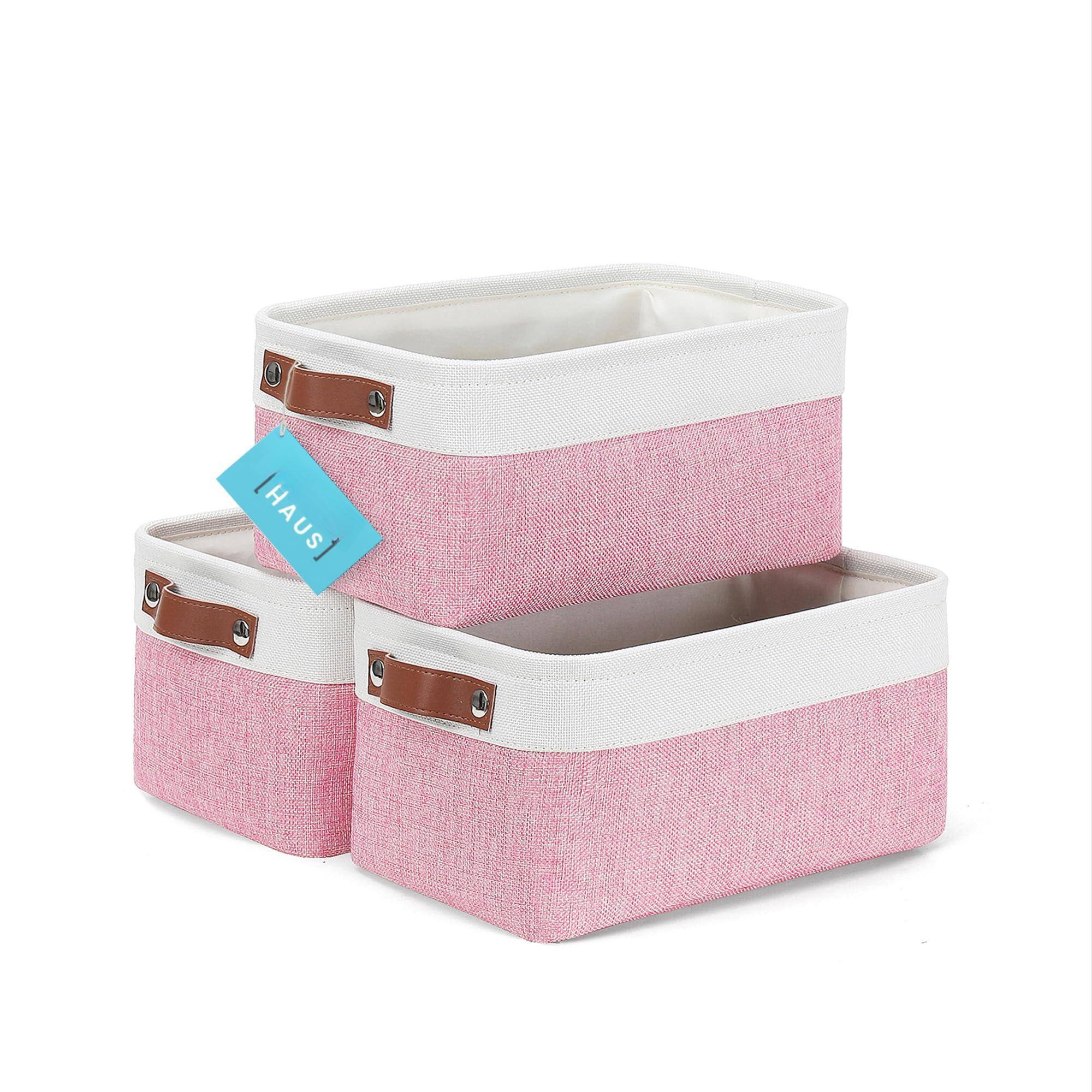 Front. Dapper Styles - Fabric Storage Baskets For Shelves 15x11in Closet Bins Cloth Organizing Linen Organizers Basket - Pink / Off-White-Small - 3pc.