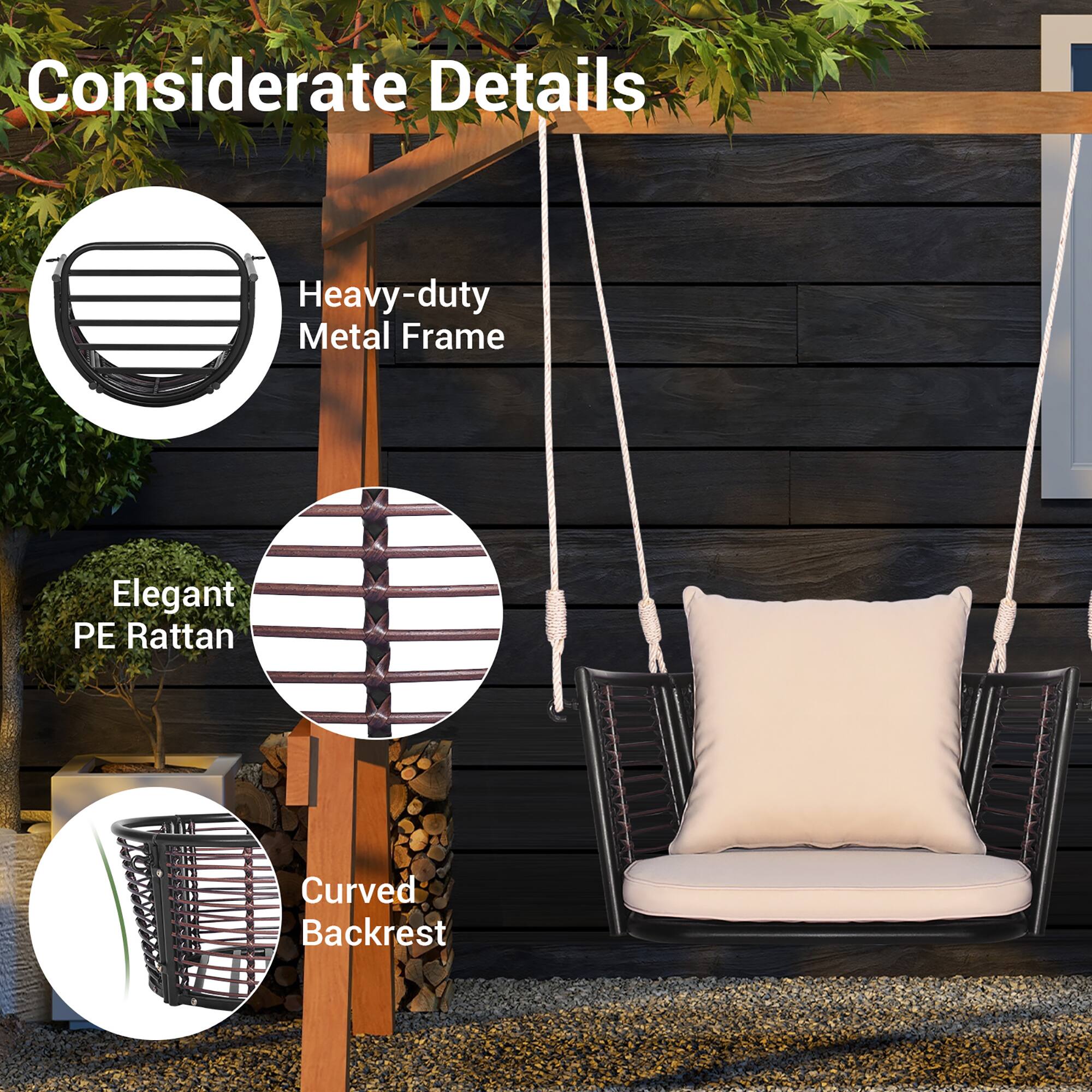 Alt View 8. Gymax - Gymax Outdoor Metal Porch Swing Single Person Hanging Seat w/ Woven Rattan Backrest Porch Backyard - Mix Brown, Beige.