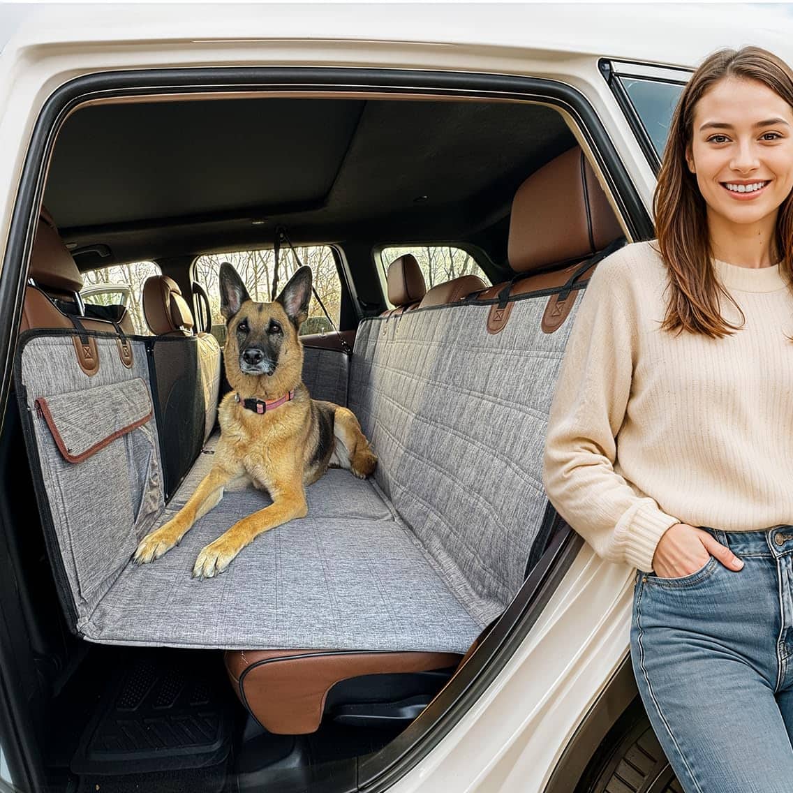 JETRANSPORT - Dog Car Seat Cover For Hard Bottom - Waterproof Backseat Extender Dogs Pet Hammock Truck Suv Protector Bed - Gray - With Door Covers