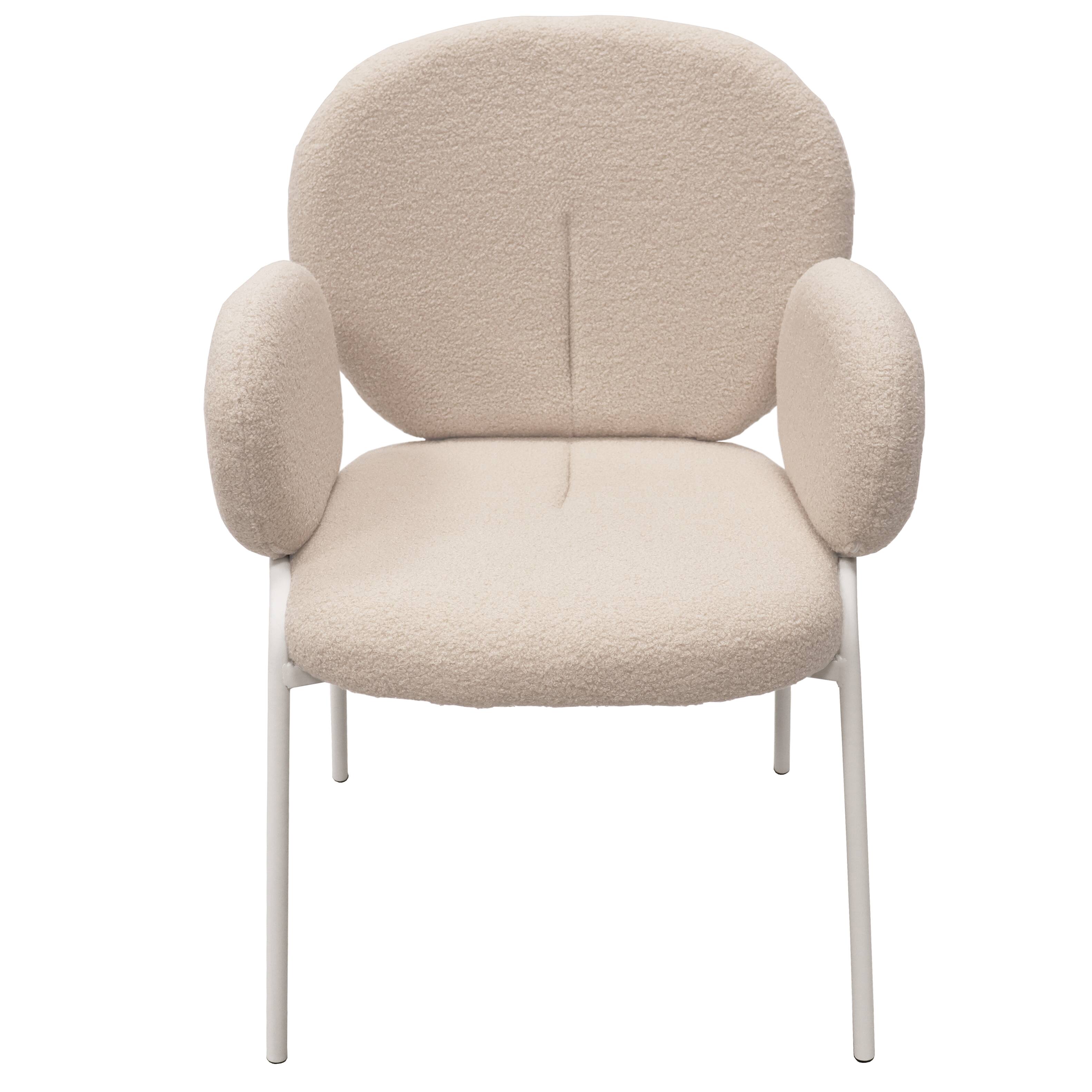 Back. LeisureMod - Celestial Modern Boucle Dining Chair with Arms, Textured Fabric Upholstered Armchair - White Metal Frame Kitchen Chair - White.