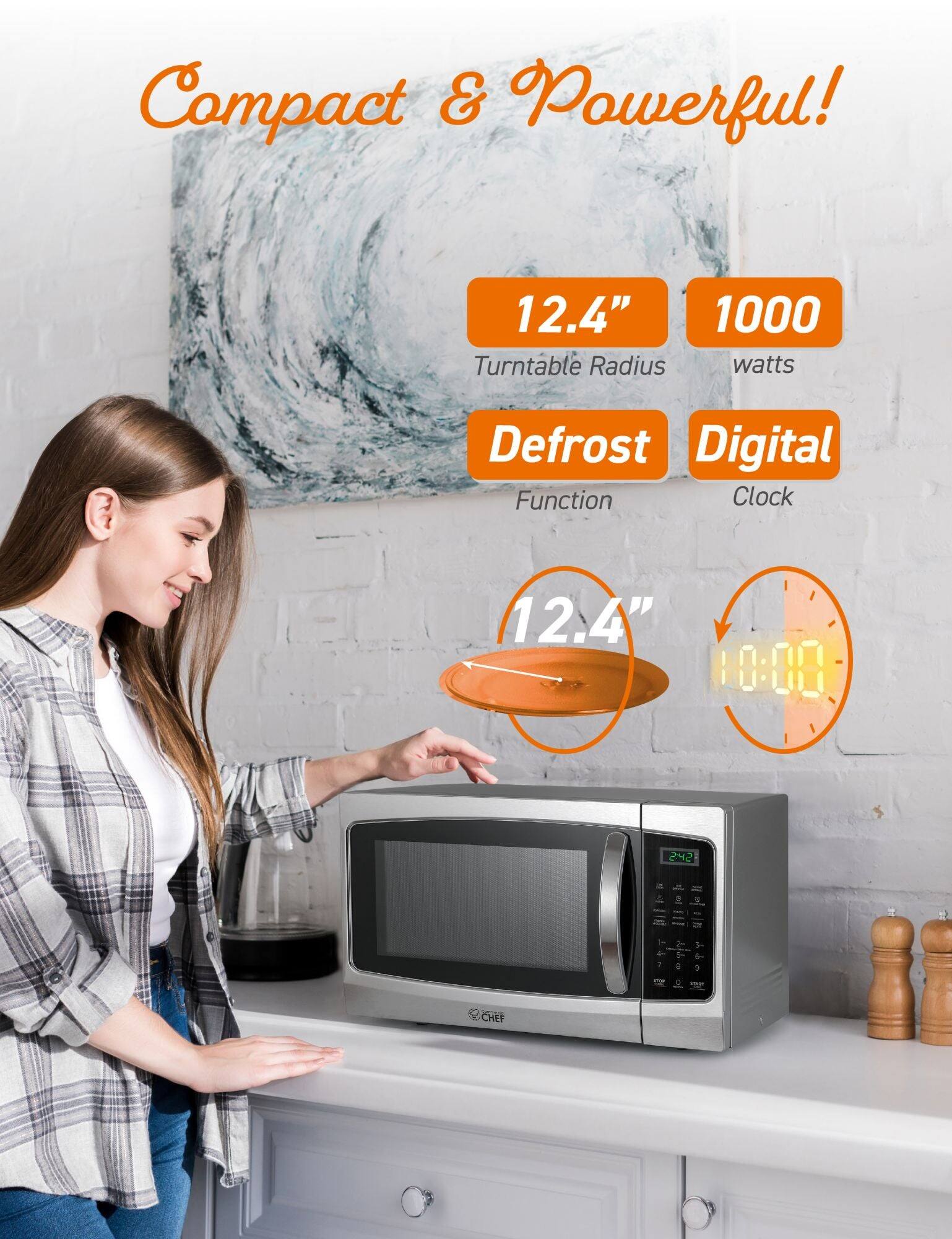 Compact & Powerful! 12.4" Turntable Radius 1000 watts Defrost Function Digital Clock 12.4" 10:00 2:42 CHEF