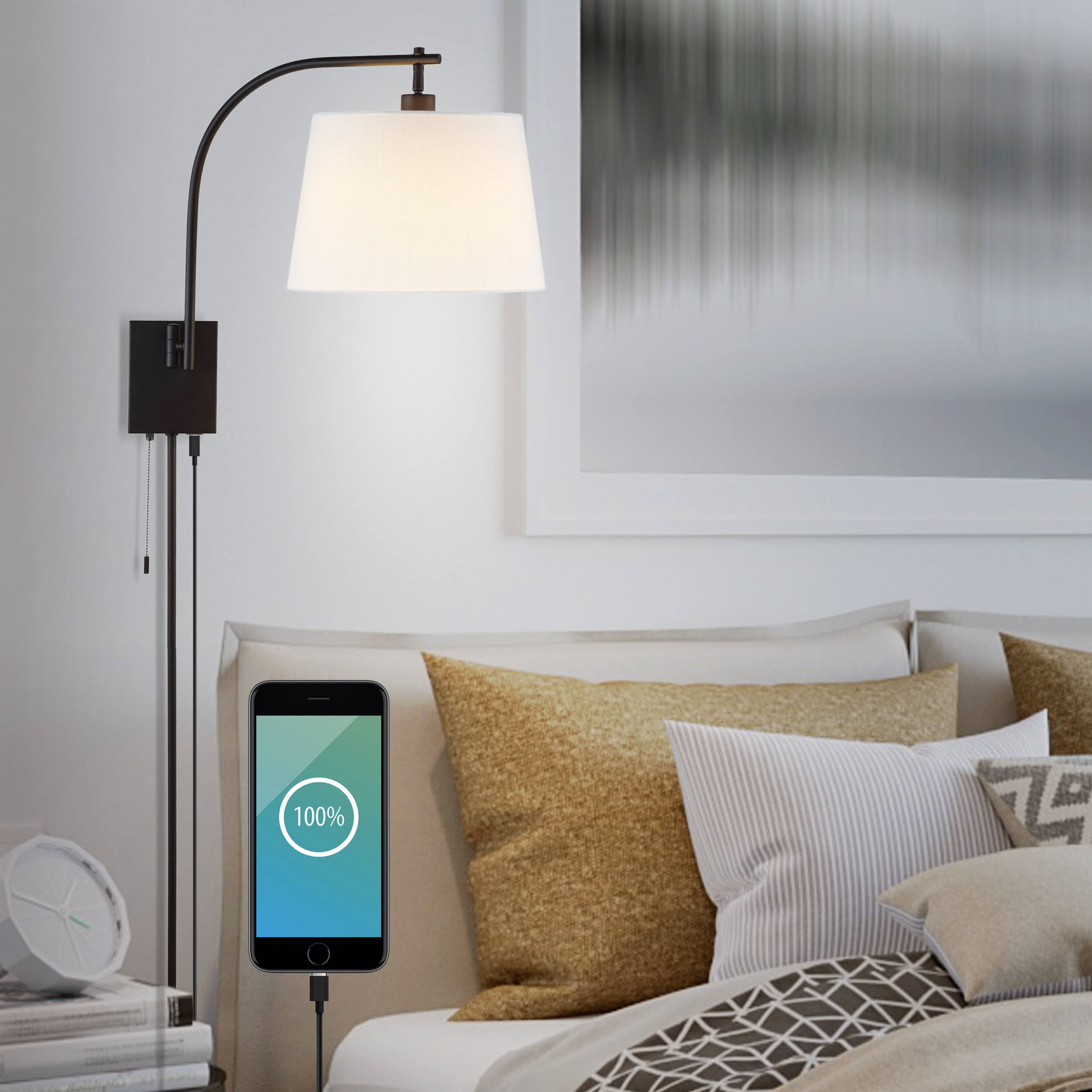 Alt View 10. Jonathan Y - Gosling 22.5" Plug-In or Hardwired Iron Gooseneck Swing Arm Sconce with Pull-Chain and Charging Port, Oil Rubbed Bronze - Oil Rubbed Bronze.