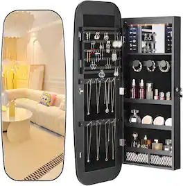 Stamp n Camp - Nicetree LED Mirror Jewelry Cabinet, Rounded Jewelry Armoire Organizer, Wall or Door Mounted Jewelry Organizer with - Black