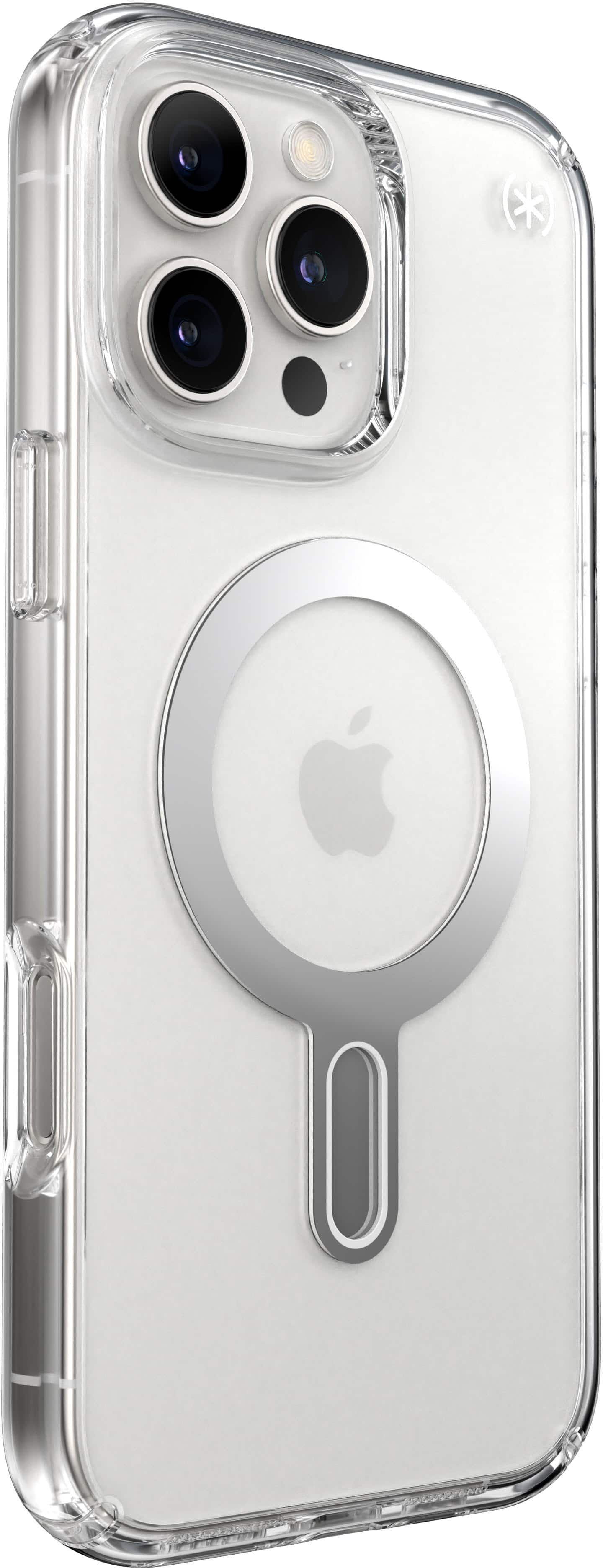 Angle. Speck - Presidio Perfect Clear ClickLock Case with MagSafe for Apple iPhone 16 Pro Max - Clear/Chrome.