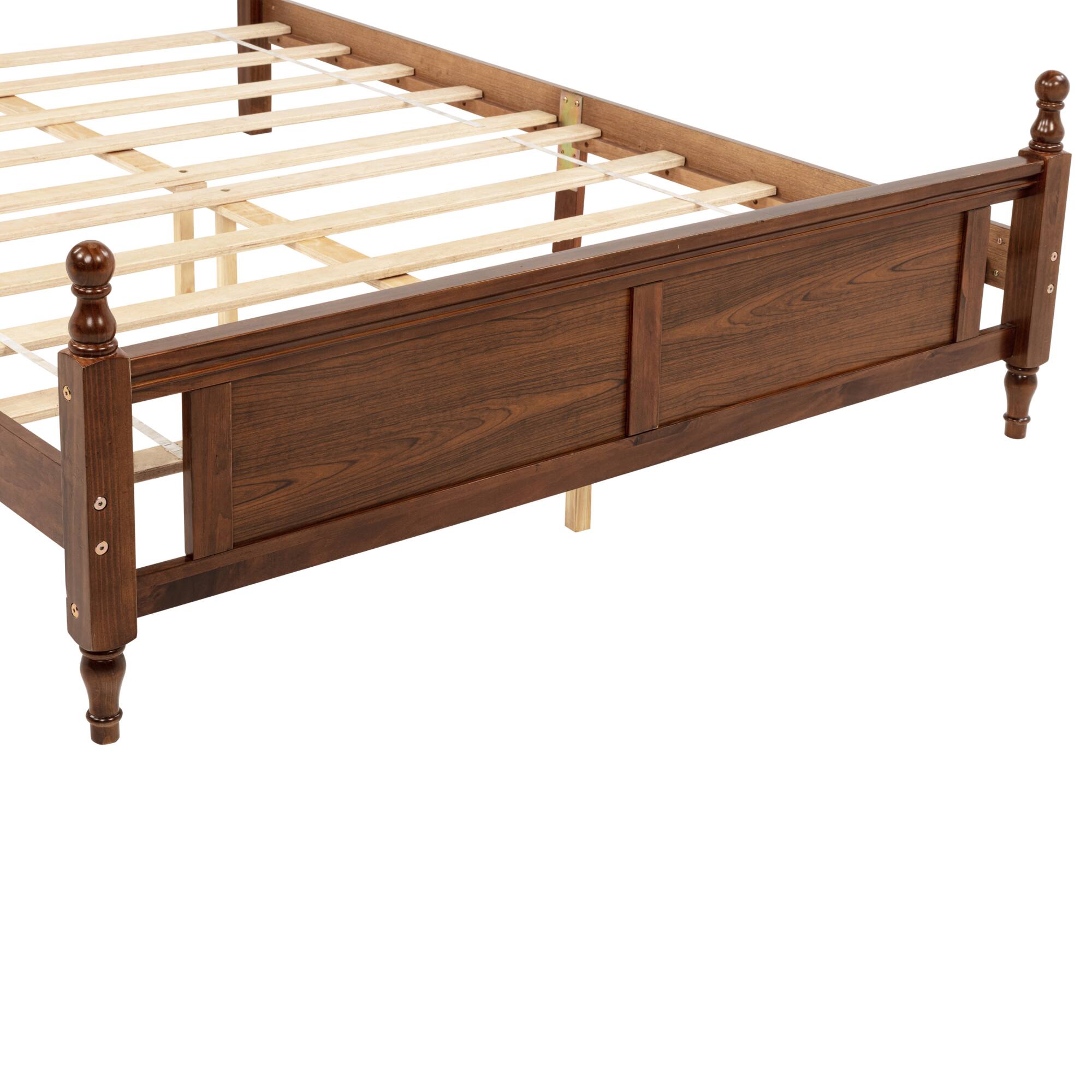 Left. GOODSILO - Queen Size Wooden Bed with Upholstered Headboard and Panel Footboard Featuring Platform Support Feet - Walnut.