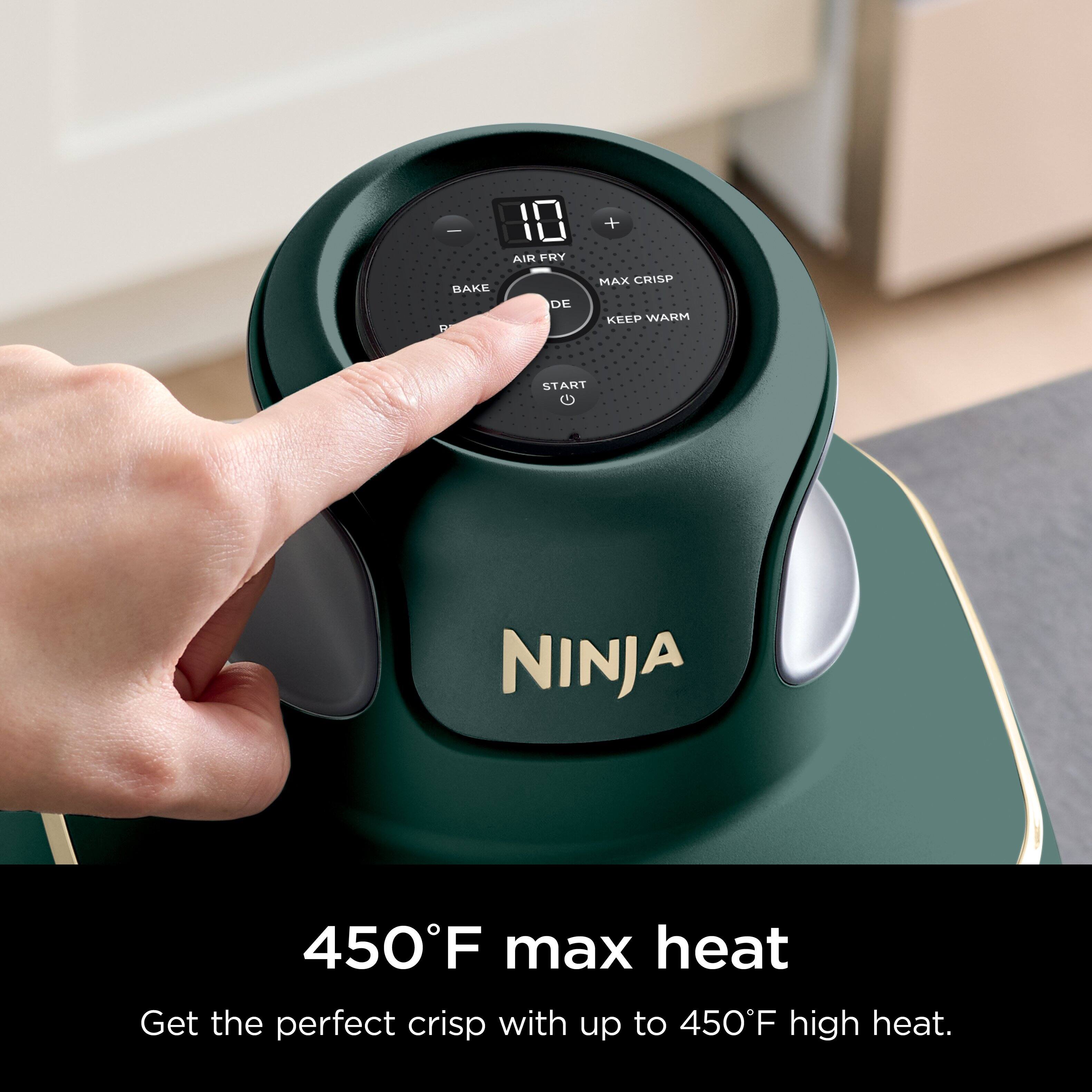 - 10 AIR FRY + HAKE S1 DE MAX CRISP KEEP WARM START NINJA 450F max heat Get the perfect crisp with up to 450F high heat.

Corrected text:
- 10 AIR FRY + HAKE S1 DE MAX CRISP KEEP WARM START NINJA 450°F max heat. Get the perfect crisp with up to 450°F high heat.