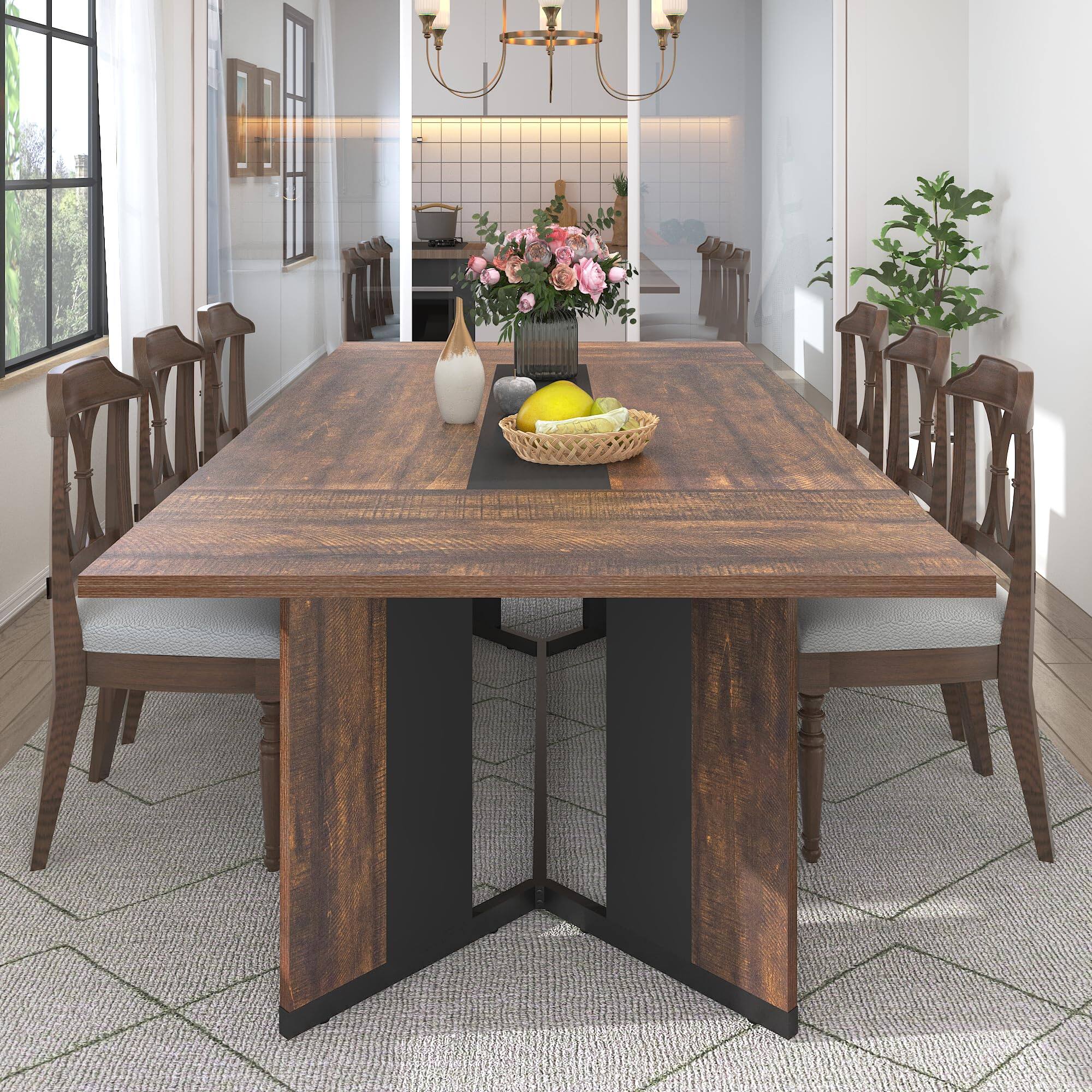 Angle. Espafurni - 78 Inch Modern Rectangular Dining Table for 6 - 8, Waterproof Top & Adjustable Legs - Brown.