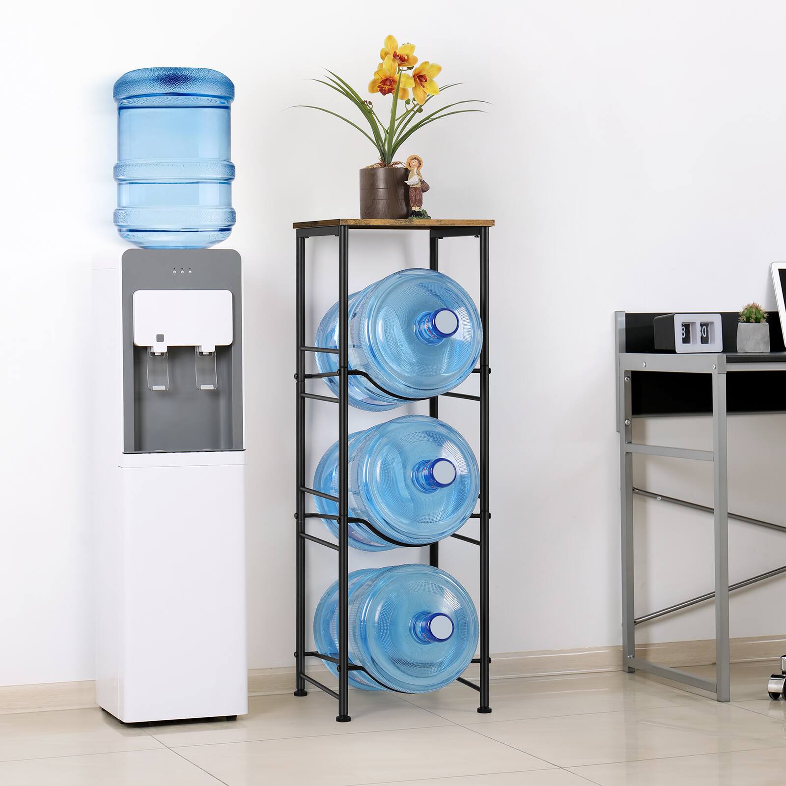 Alt View 1. Oumilen - 3-Tier Water Bottle Storage Rack with Top Wooden Shelf, 5 Gallon Water Jug Holder with Rustic Wood Board - Brown.