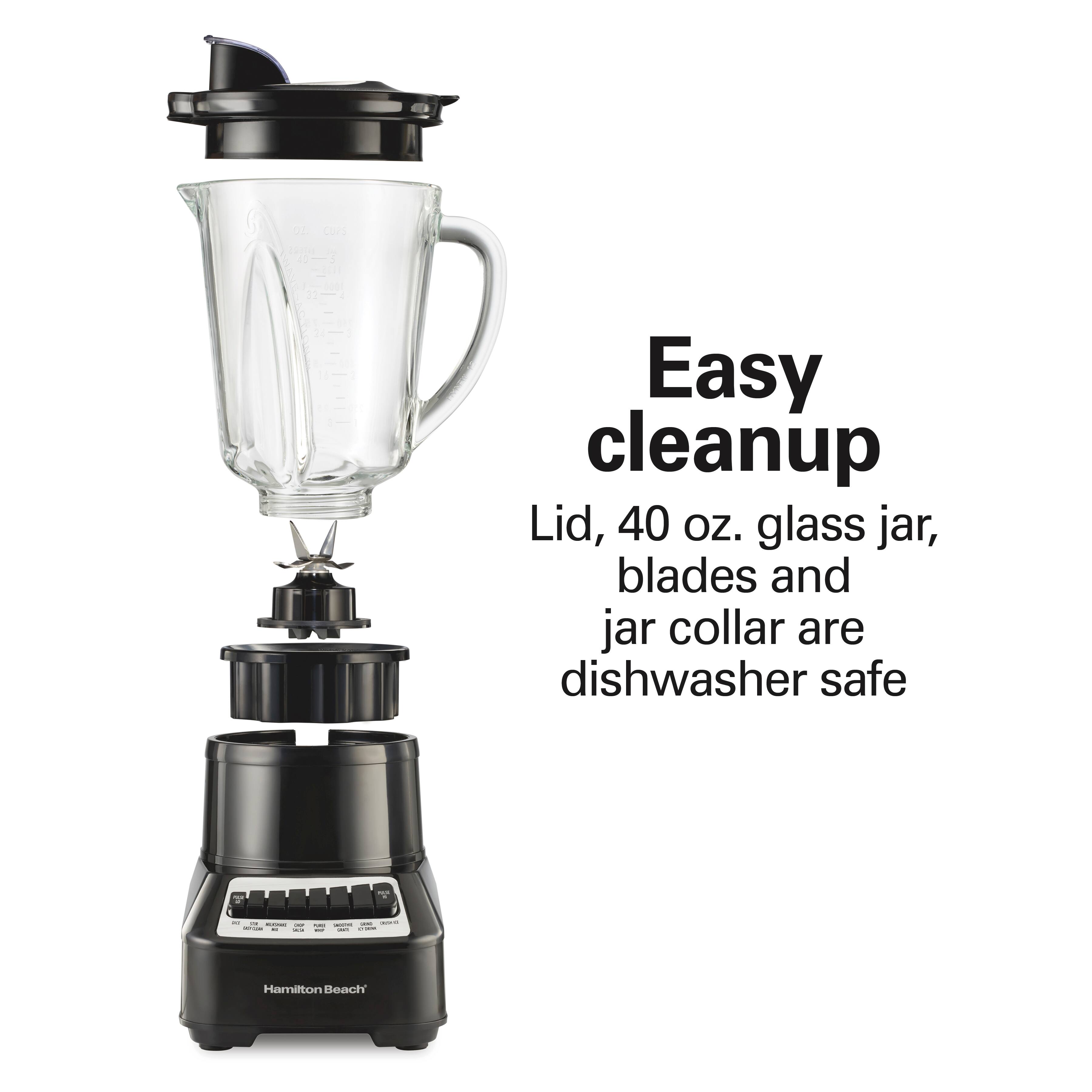 Easy cleanup  
Lid, 40 oz. glass jar, blades and jar collar are dishwasher safe