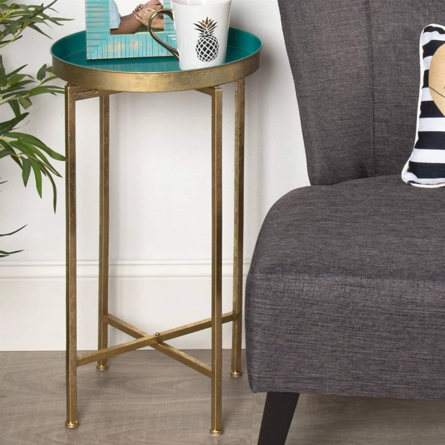 Hivvago - Metal Round End Table Nightstand with Removable Tray Top - Gold