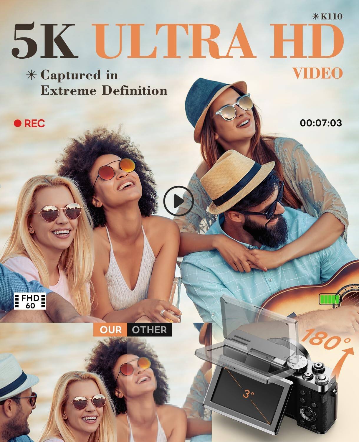 * K110 5K ULTRA HD Captured in VIDEO Extreme Definition
REC
00:07:03
FHD 60
OUR OTHER
180°
3"