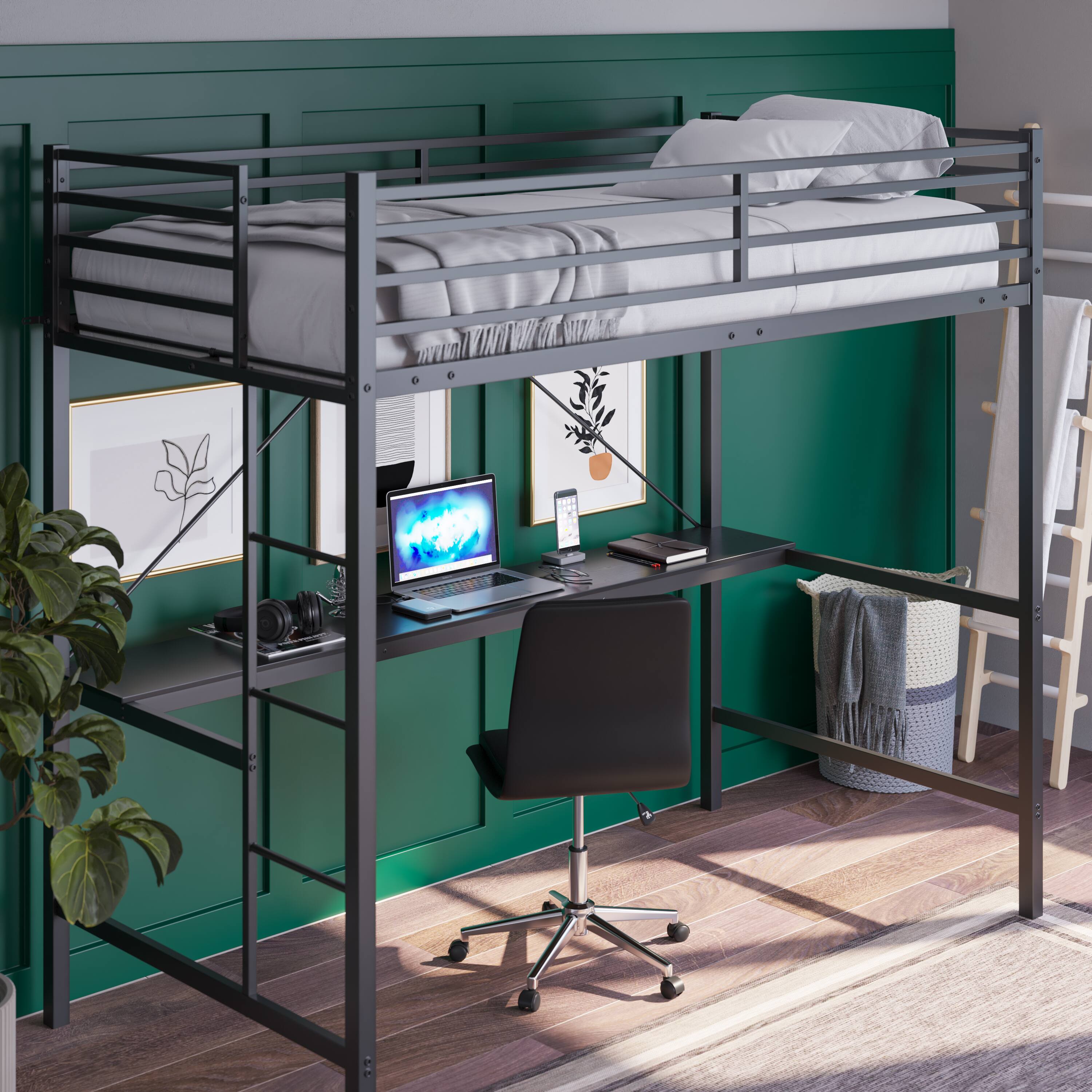 Alt View 3. Emma + Oliver - Jensen Metal Loft Bed Frame with Desk, Protective Guard Rails and Ladder for Kids, Teens and Adults - Black.