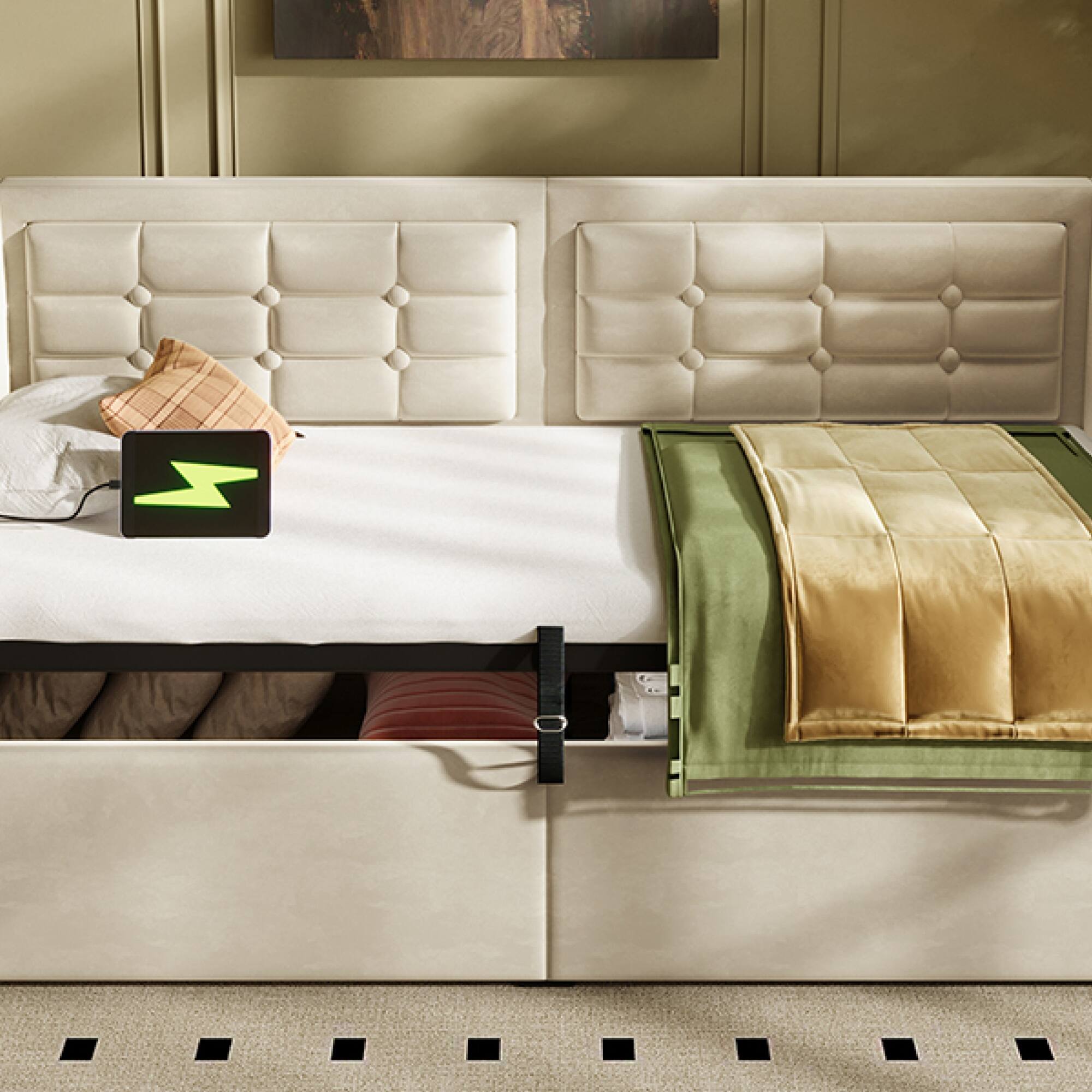 Angle. GOODSILO - Upholstered Twin Size Daybed with Hydraulic Storage and USB Charging, Tufted Sofa Back Design - Beige.