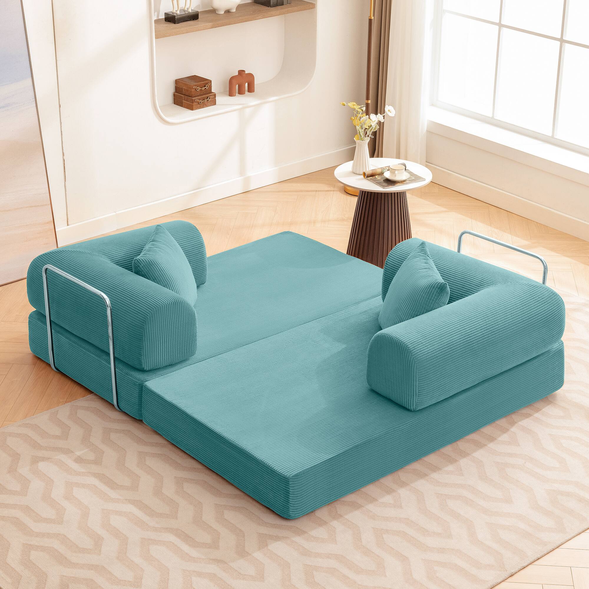 Front. Brick Attic - 4-in-1 Folding Convertible Floor Sofa Bed, 63 Inch Oversized Modern Fabric Boneless Couch for Living Room Bedroom Lounge - Sea FOAM.