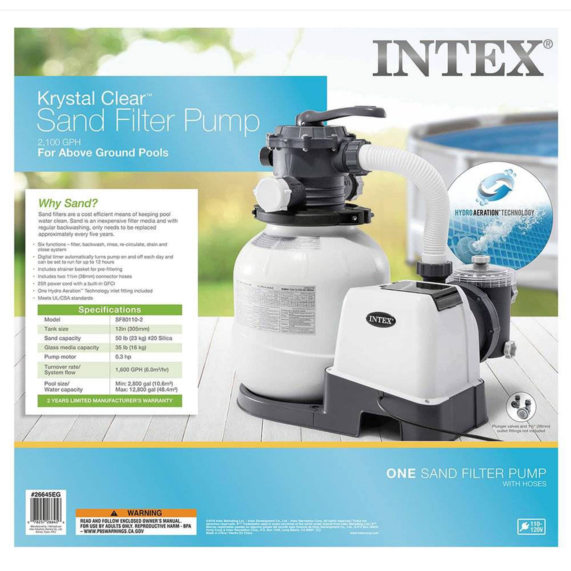 **Krystal Clear Sand Filter Pump**  
2,100 GPH For Above Ground Pools

**Why Sand?**  
Sand filters are a cost-efficient means of keeping pool water clean. Sand is an inexpensive filter media and with regular backwashing, only needs to be replaced approximately every five years.  
- Six functions: filter, backwash, rinse, re-circulate, drain, and close system.  
- Digital timer automatically turns pump on and off each day and can be set to run for up to 12 hours.  
- Includes strainer basket for pre-filtering.  
- Includes two 3/4" connection hoses.  
- 25' power cord with a built-in GFCI.  
- One Hydro Aeration™ Technology inlet fitting included.  
- Meets UL/CUL standards.  

**Specifications**  
- Model: SF80110-2  
- Tank size: 12in (305mm)  
- Sand capacity: 50 lb (23 kg) #20 Silica  
- Glass media capacity: 35 lb (16 kg)  
- Pump motor: 0.3 hp  
- System flow: 1,6