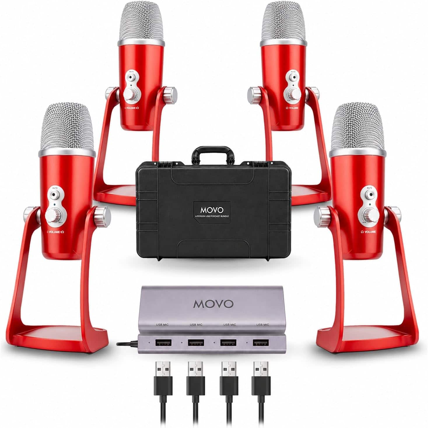 MOVO - 4-Person USB Podcast Equipment Bundle - 4 Condenser Mics, Hub & Case (Red)