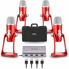 MOVO - 4-Person USB Podcast Equipment Bundle - 4 Condenser Mics, Hub & Case (Red)