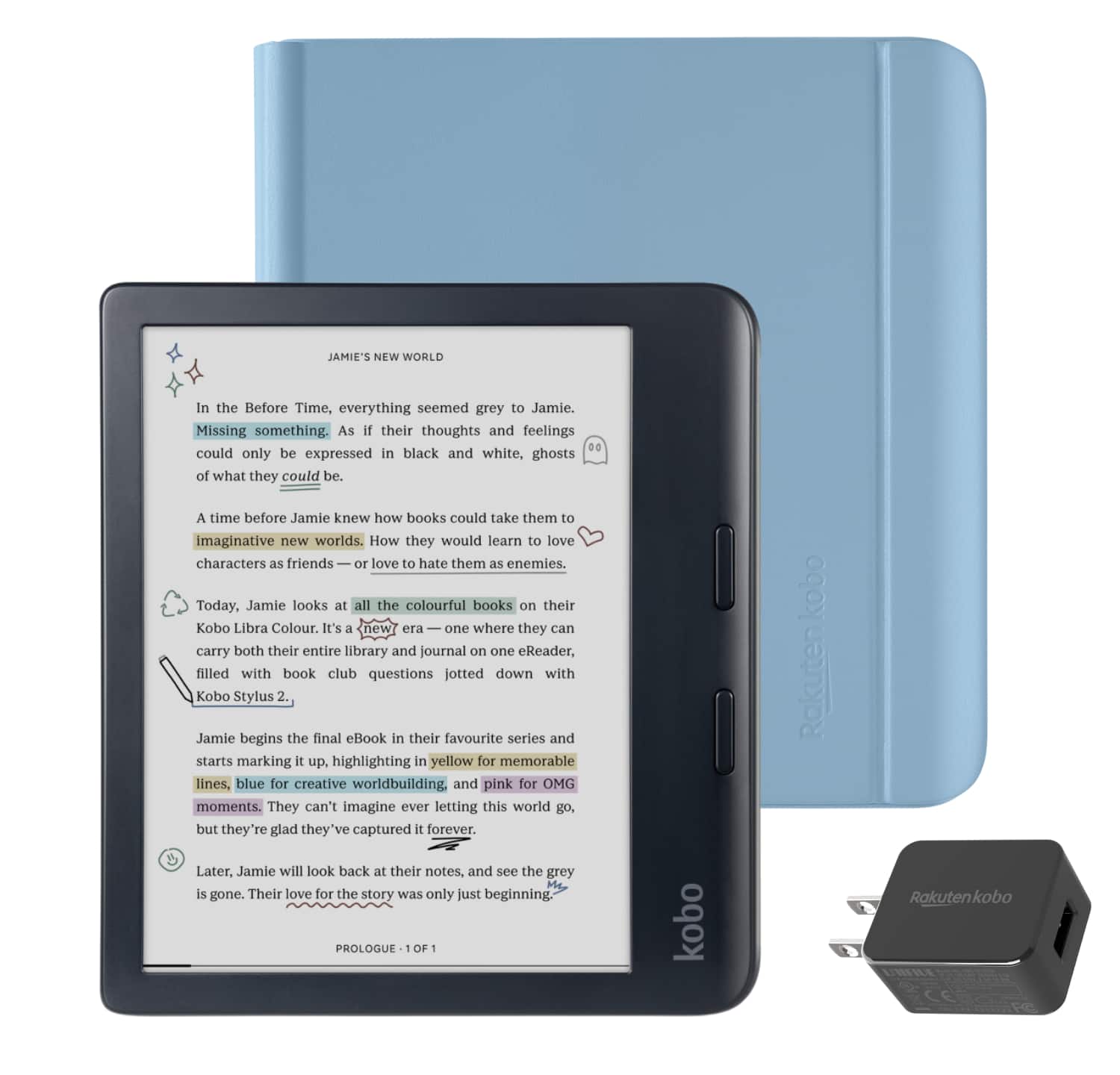 Kobo - Libra Colour (Black) eReader with AC Bundle - 2024 - Dusk Blue Notebook SleepCover