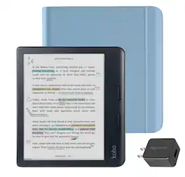 Kobo - Libra Colour (Black) eReader with AC Bundle - 2024 - Dusk Blue Notebook SleepCover