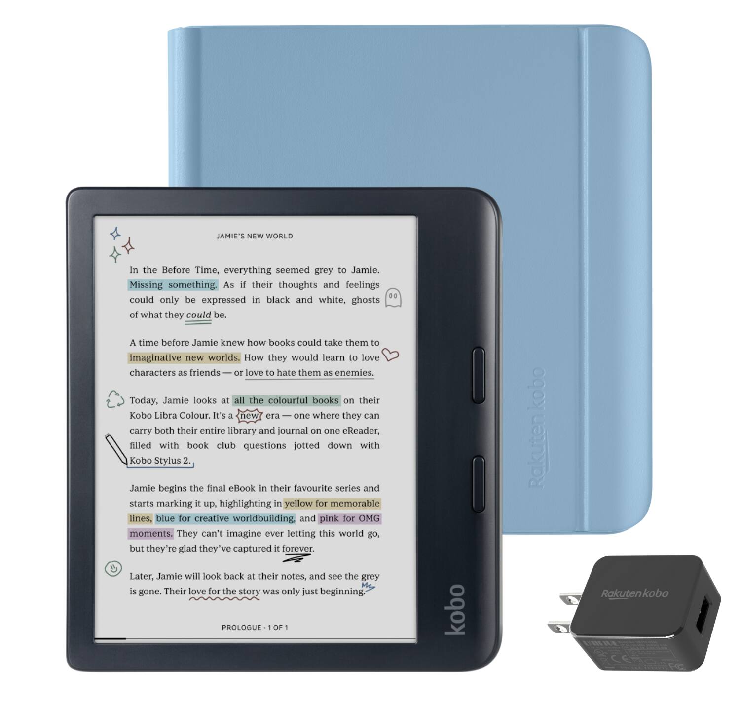 Kobo Libra Colour (Black) eReader with AC Bundle 2024 Dusk Blue