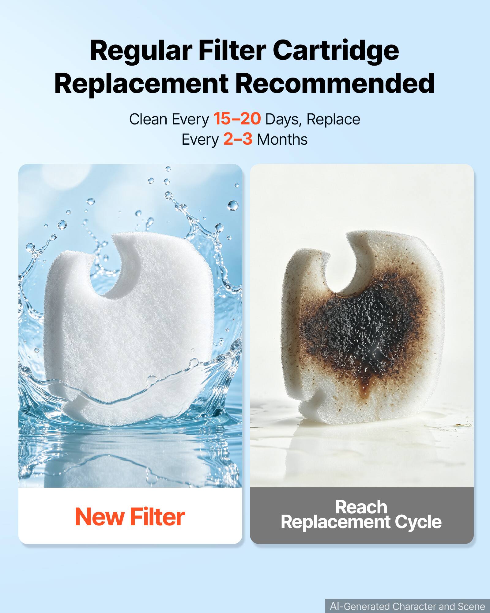 Regular Filter Cartridge Replacement Recommended  
Clean Every 15-20 Days, Replace Every 2-3 Months  

New Filter  
Reach Replacement Cycle  

AI-Generated Character and Scene