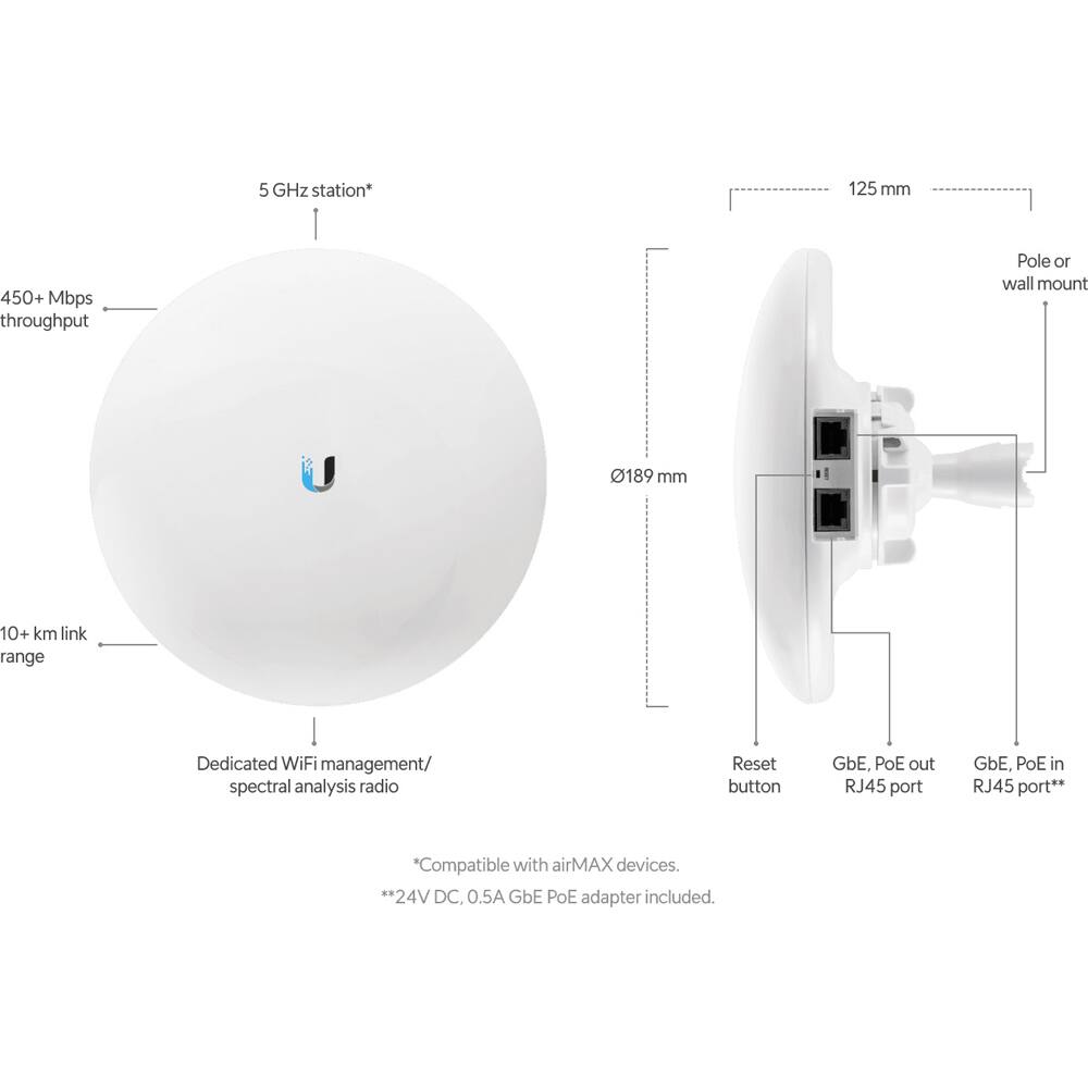 5 GHz station*  
125 mm  
450+ Mbps throughput  
Pole or wall mount  
189 mm  
10+ km link range  
Dedicated WiFi management/ spectral analysis radio  
Reset button  
GbE, PoE out RJ45 port  
GbE, PoE in RJ45 port**  
*Compatible with airMAX devices.  
**24V DC, 0.5A GbE PoE adapter included.