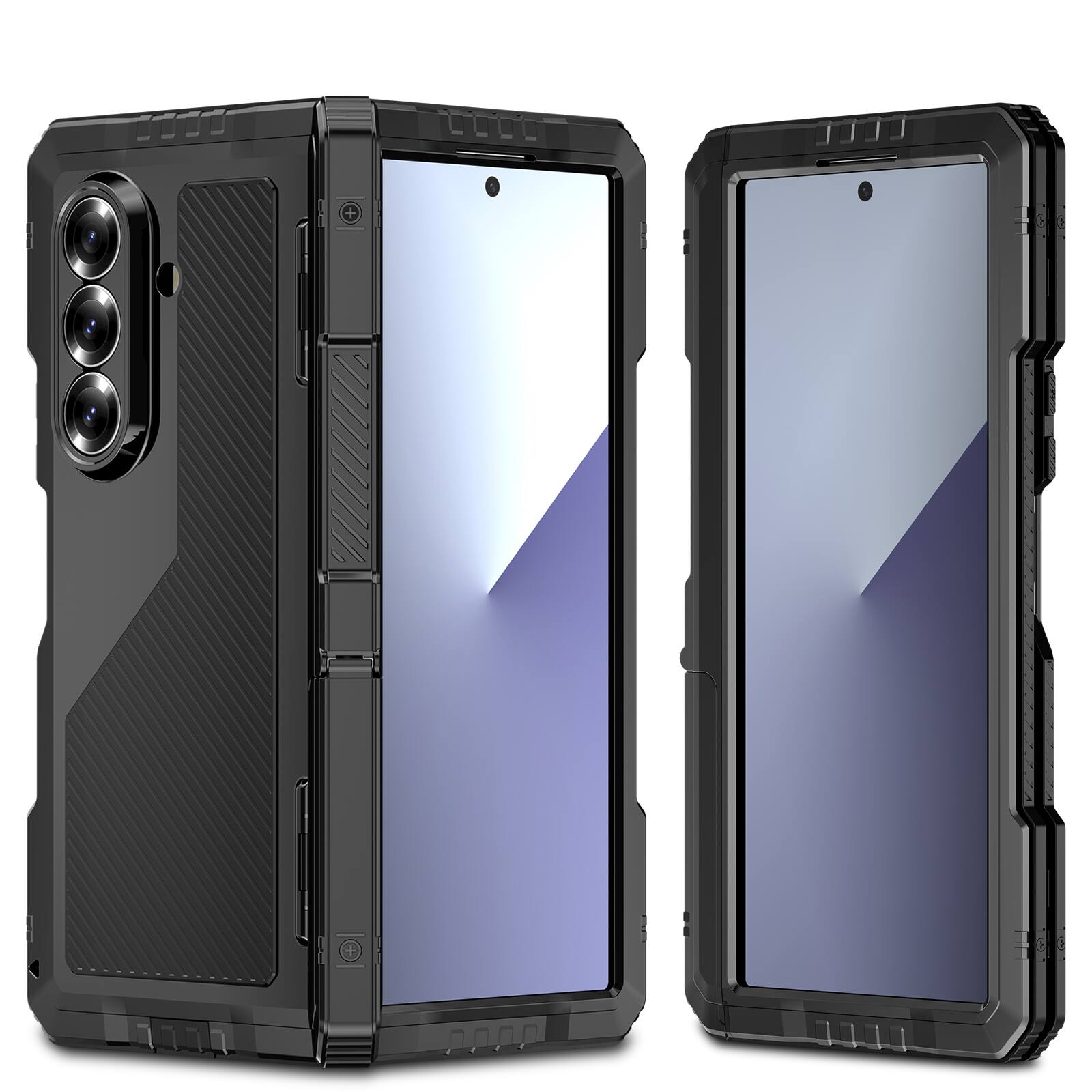 Left. Dteck - Built-in Screen Protector For Samsung Galaxy Z Fold 6 Heavy Duty Case with Hinge Protection Cover Fold Kickstand - Black.