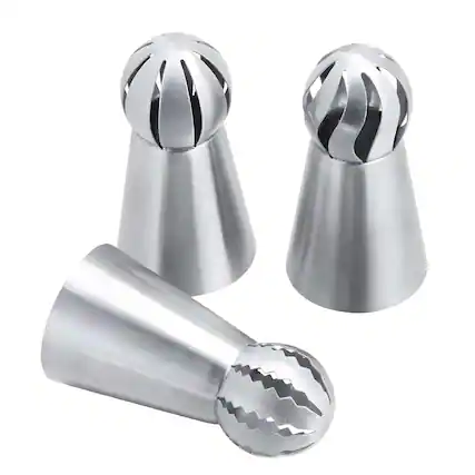 Front. Kitcheniva - Stainless Steel Russian Ball Sphere Icing Nozzles Set 3 Pcs - Silver.