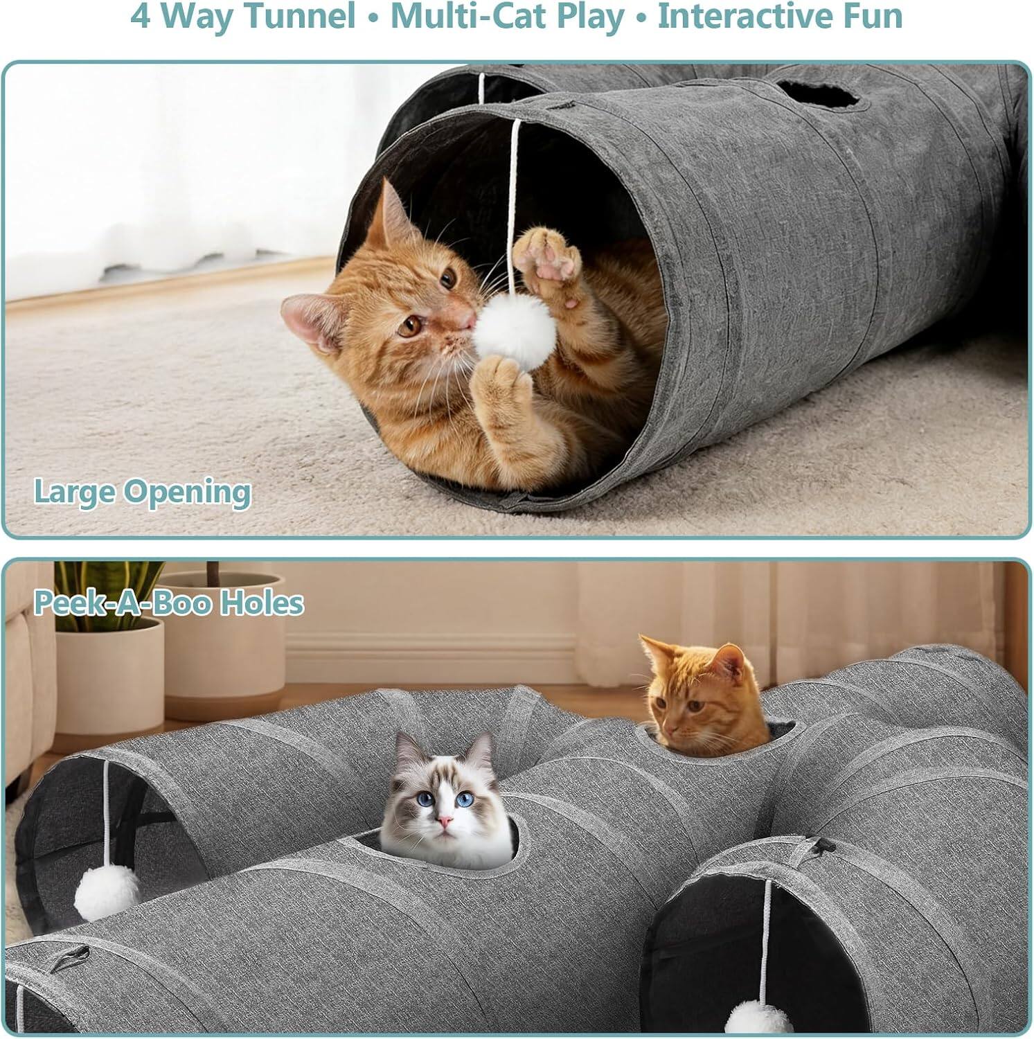 4 Way Tunnel • Multi-Cat Play • Interactive Fun

Large Opening

Peek-A-Boo Holes