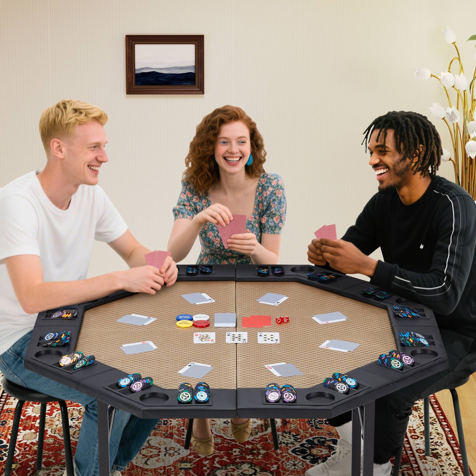 Angle. U-HOMY - Foldable 8-Player Poker Table with Cup Holders and Chip Trays, Portable Folding Card Table for Game Nights.