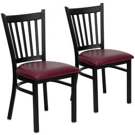 Emma + Oliver - 2 Pack Vertical Back Metal Restaurant Chair - Burgundy Vinyl Seat/Black Metal Frame