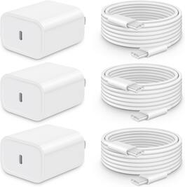 Bundle - Core Tech - 3-Pack 20W USB-C Fast Wall Chargers with 10 ft USB-C to USB-C Cables for iPhone 18/17/16/15 - White - White