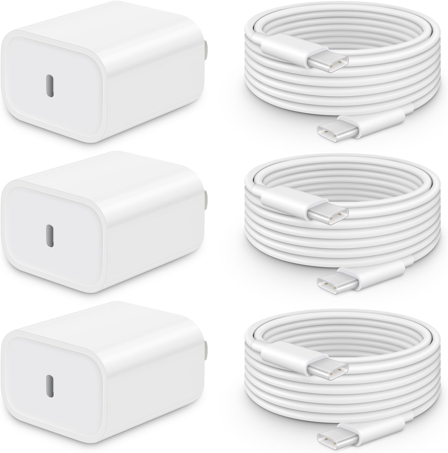 Front. Core Tech - 3-Pack 20W USB-C Fast Wall Chargers with 10 ft USB-C to USB-C Cables for iPhone 18/17/16/15 - White - White.