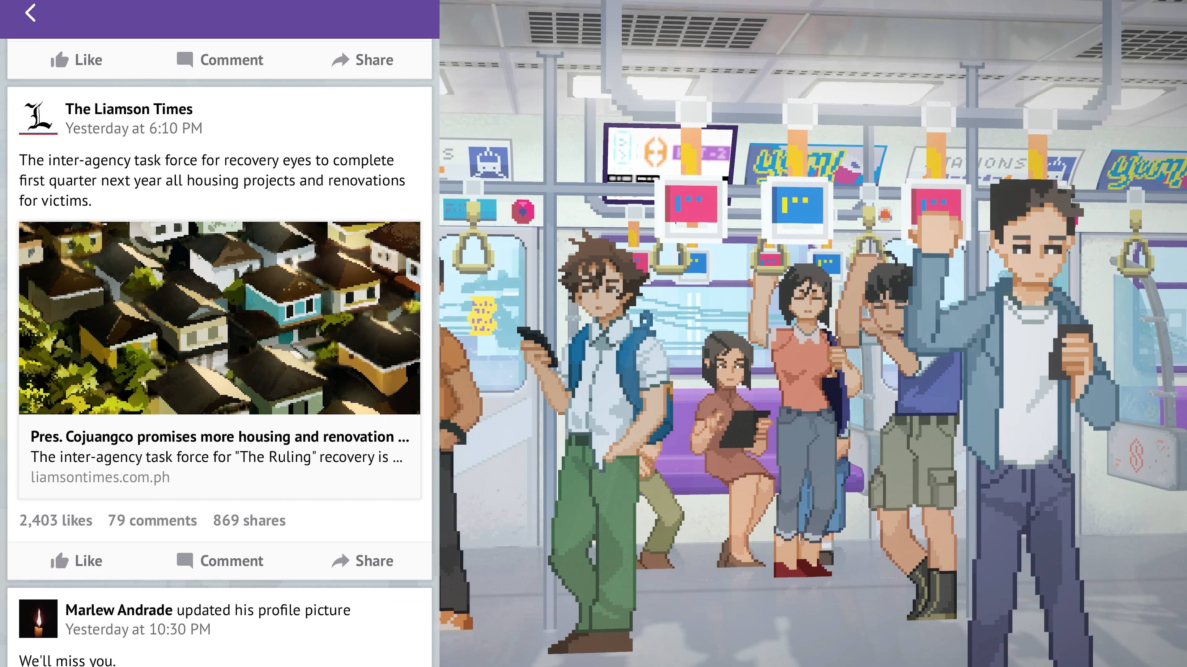 Like Comment Share
The Liamson Times
Yesterday at 6:10 PM
The inter-agency task force for recovery eyes to complete first quarter next year all housing projects and renovations for victims.
u m! A ONS yn Pres. Cojuangco promises more housing and renovation ...
The inter-agency task force for "The Ruling" recovery is E liamsontimes.com.ph $ 2,403 likes 79 comments 869 shares
Like Comment Share
Marlew Andrade updated his profile picture
Yesterday at 10:30 PM
We'll miss you.