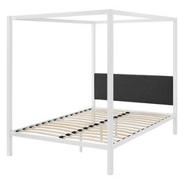 Hivvago - Queen size Metal Canopy Bed Frame with Fabric Upholstered Headboard - White