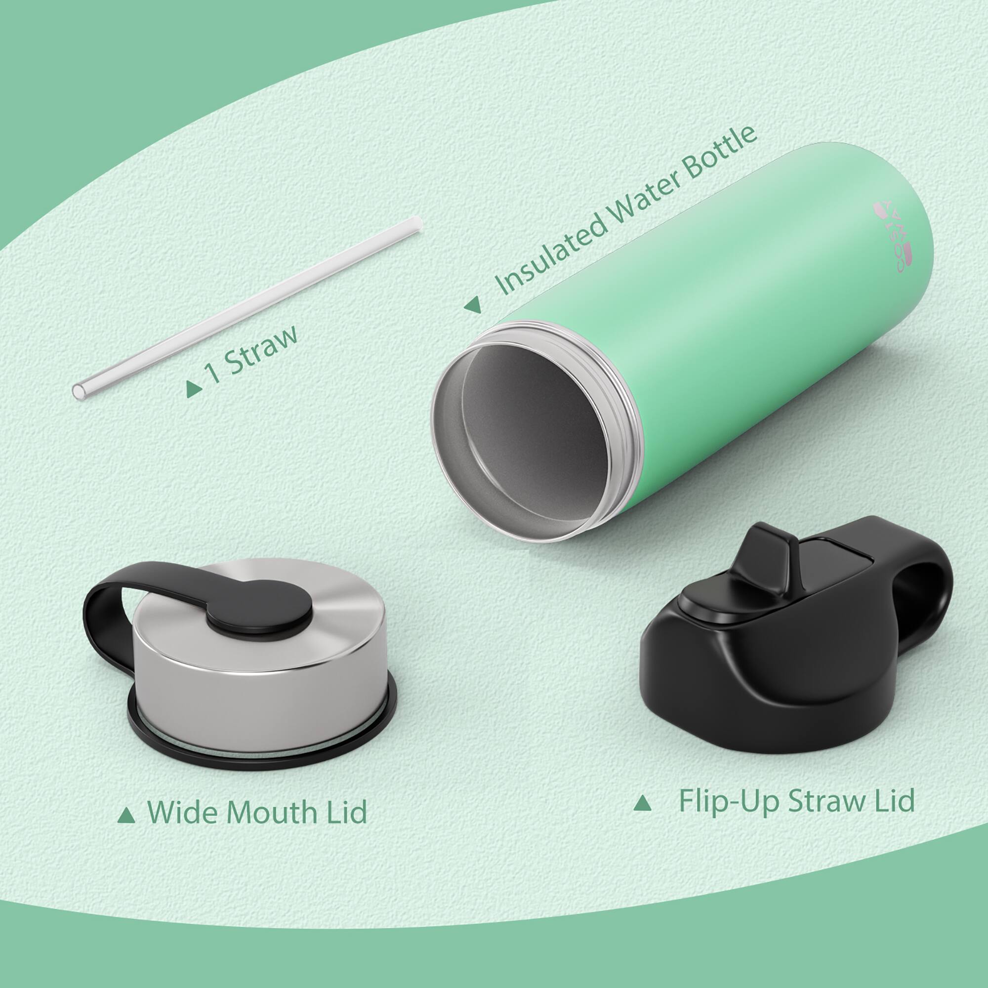 1 Straw Bottle Water Insulated SRA Wide Mouth Lid Flip-Up Straw Lid

- 1 Straw
- Insulated Water Bottle
- Wide Mouth Lid
- Flip-Up Straw Lid