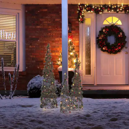 Front. Glitzhome - Set of 3 Lighted Christmas Plastic Cone Tree with 75 LED Lights - Multi-Colored.