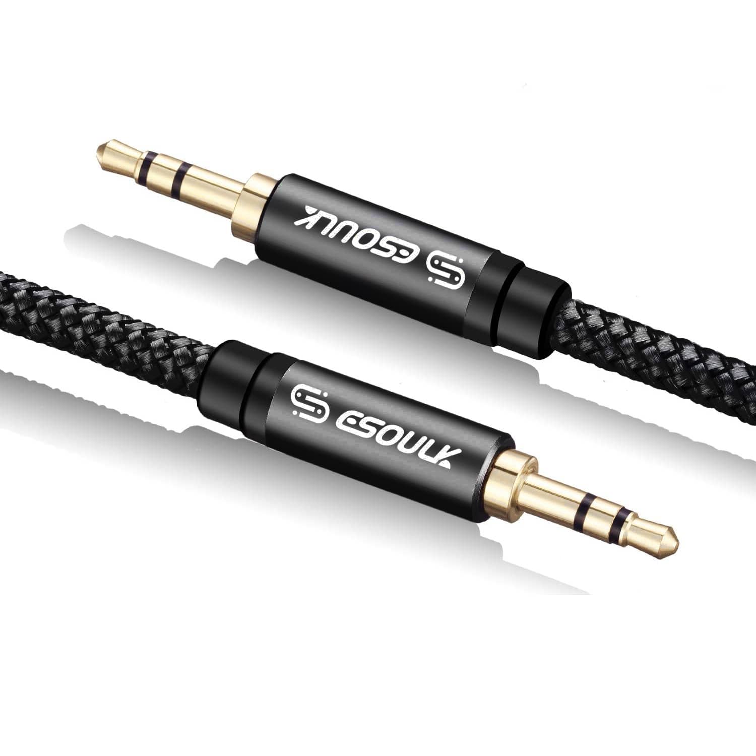 Esoulk - 4 Feet 3.5mm to 3.5mm (1/8" to 1/8") Male Aux Audio Cable - Braided - Black