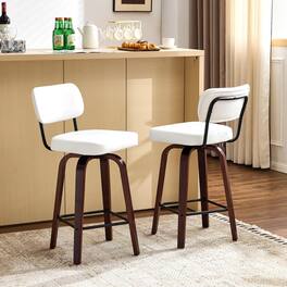 Winado - Modern Bar Stool 26" H, PU Leather 360° Swivel, Solid Wood Legs Barstools for Kitchen Island & Home Bar - Beige Fabric-Set of 2