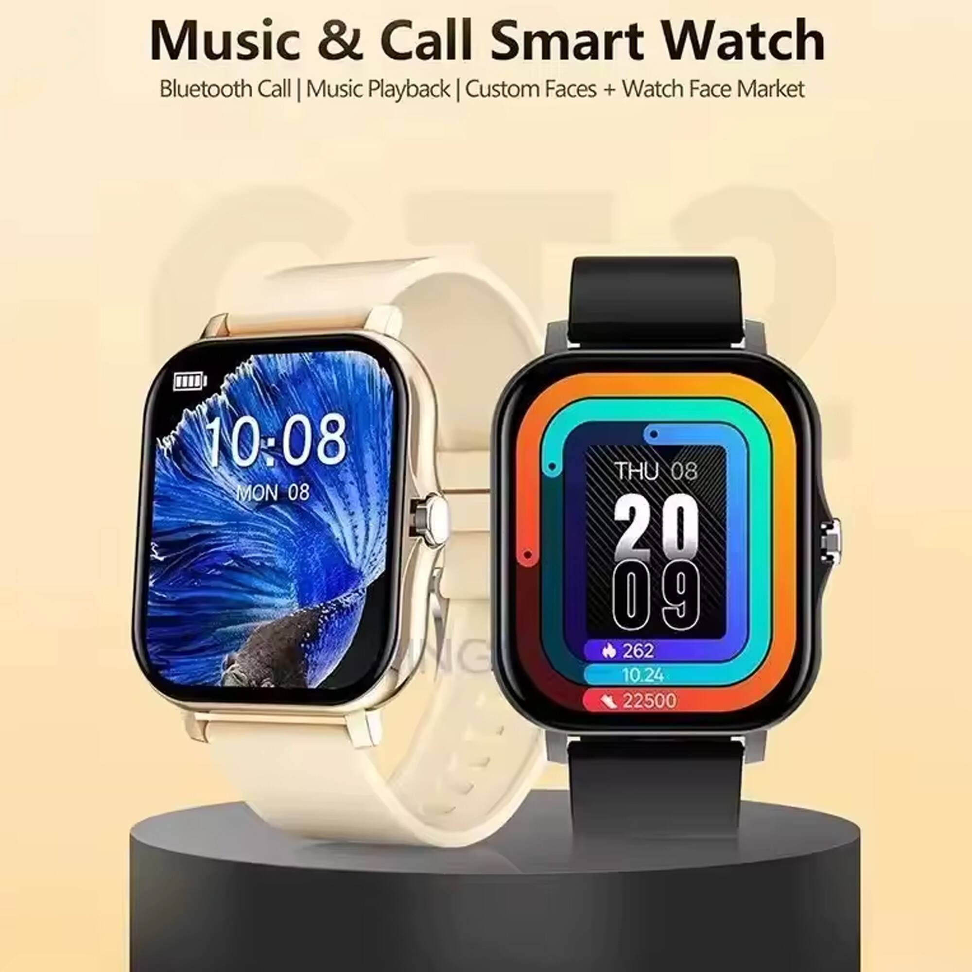 Music & Call Smart Watch  
Bluetooth Call | Music Playback | Custom Faces + Watch Face Market  

10:08  
MON 08  
THU 08  

20  
09  

262  
10.24  
22500