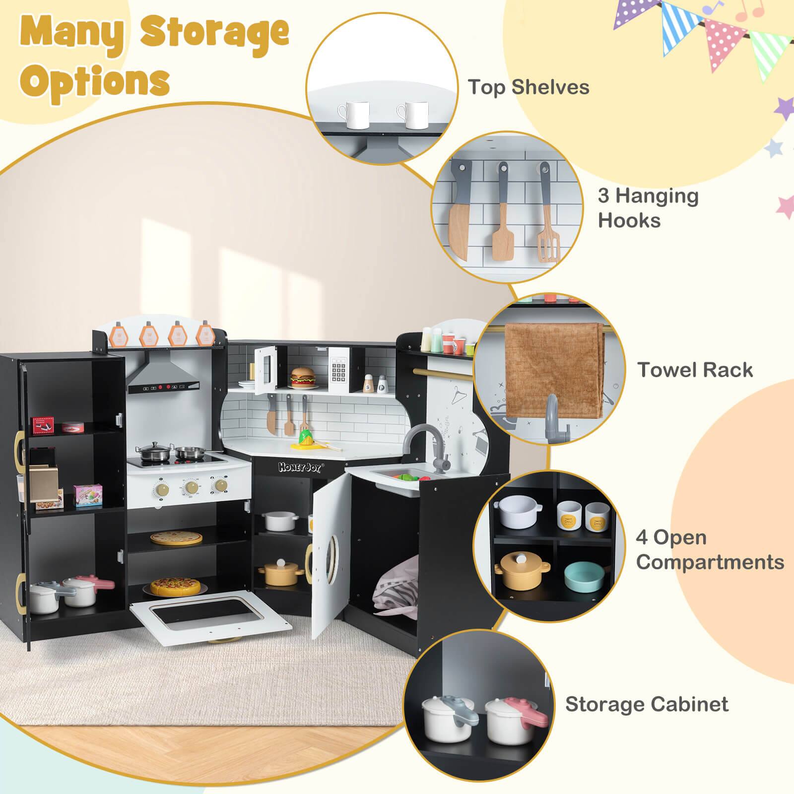 Many Storage Options

- Top Shelves
- 3 Hanging Hooks
- Towel Rack
- 4 Open Compartments
- Storage Cabinet